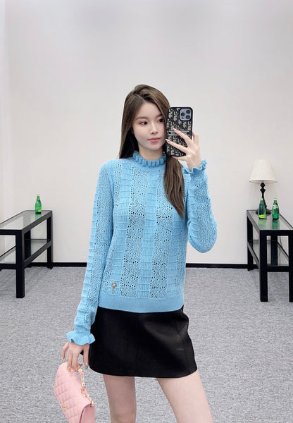 C 25 Black fungus lace stand collar cashmere blend long sleeved shirt