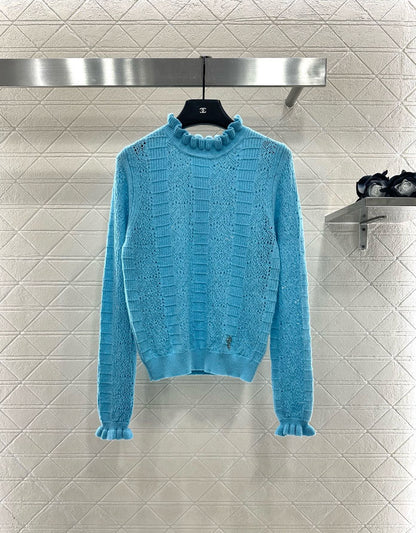 C 25 Black fungus lace stand collar cashmere blend long sleeved shirt