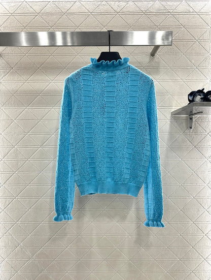C 25 Black fungus lace stand collar cashmere blend long sleeved shirt