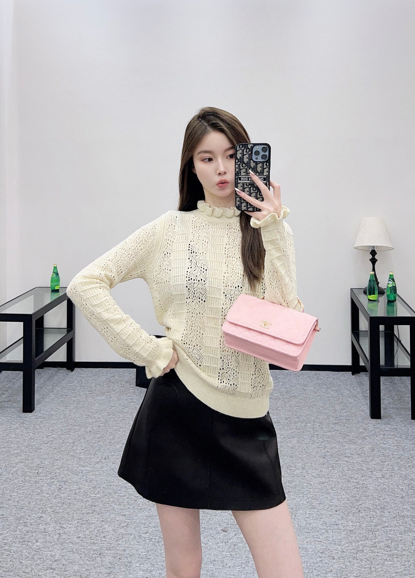 C 25 Black fungus lace stand collar cashmere blend long sleeved shirt