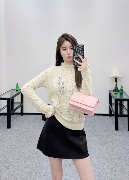 C 25 Black fungus lace stand collar cashmere blend long sleeved shirt