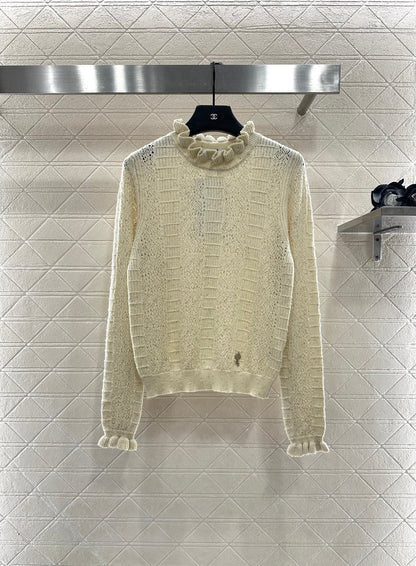 C 25 Black fungus lace stand collar cashmere blend long sleeved shirt