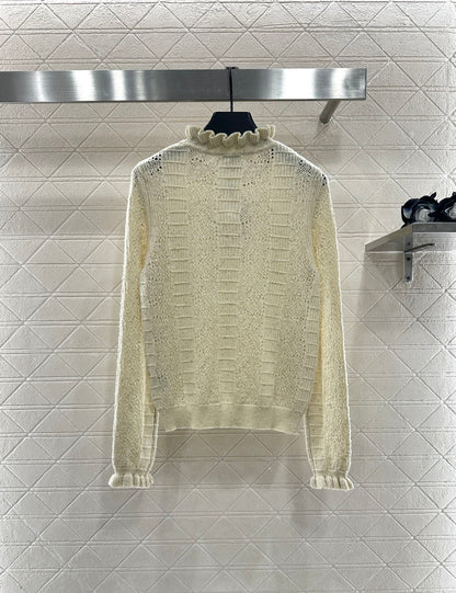 C 25 Black fungus lace stand collar cashmere blend long sleeved shirt