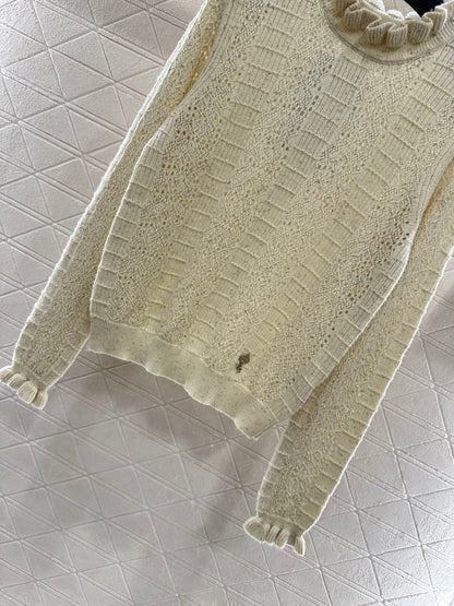 C 25 Black fungus lace stand collar cashmere blend long sleeved shirt