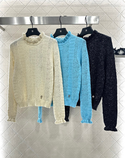 C 25 Black fungus lace stand collar cashmere blend long sleeved shirt