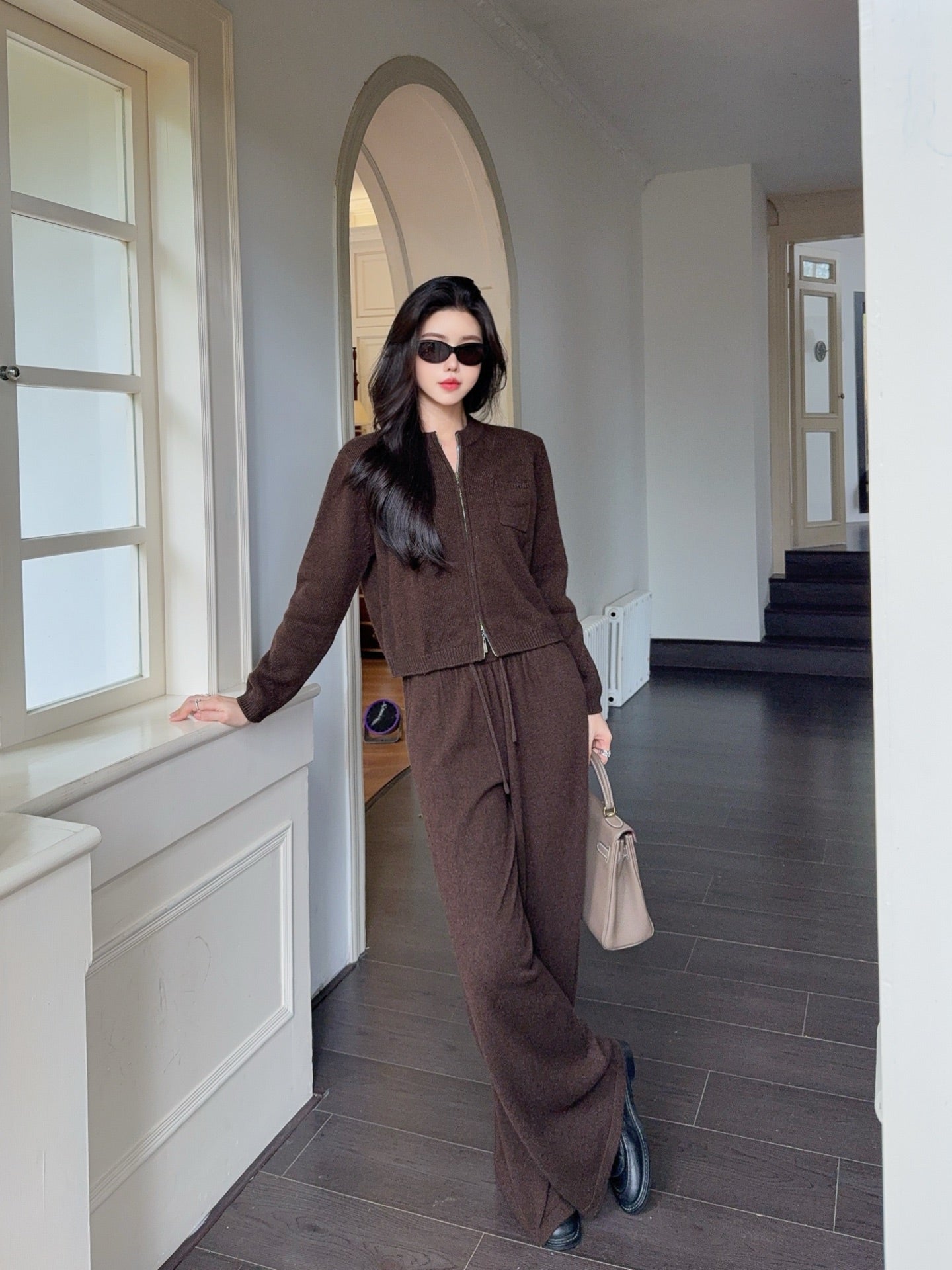 Lor 25 Ultra simple zipper jacket+elastic waist straight leg pants