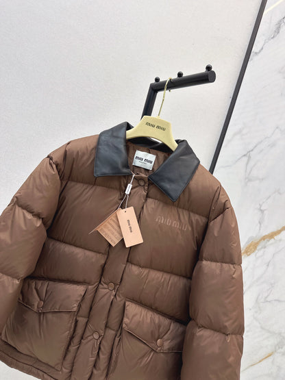 Mi 25 New spliced leather collar short down jacket(BLACK/BROWN)