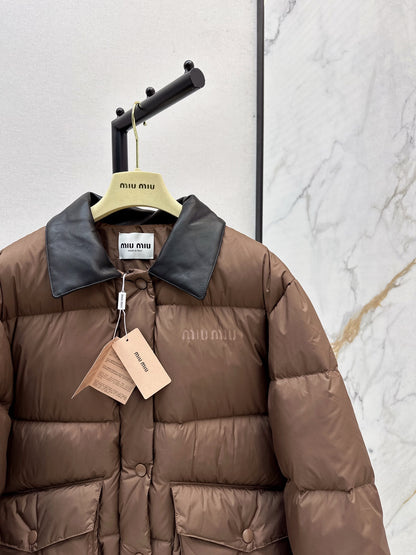 Mi 25 New spliced leather collar short down jacket(BLACK/BROWN)