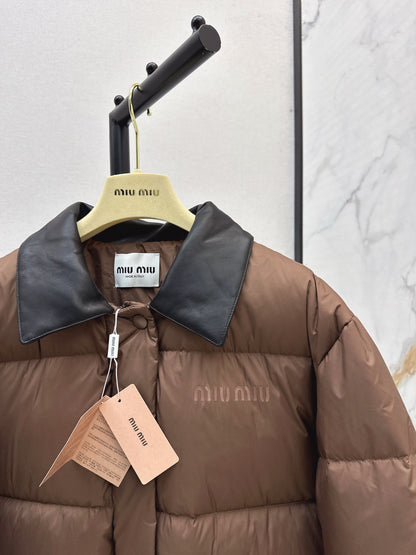 Mi 25 New spliced leather collar short down jacket(BLACK/BROWN)