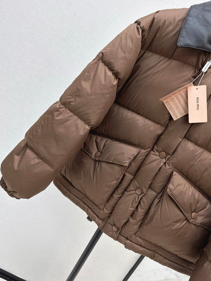 Mi 25 New spliced leather collar short down jacket(BLACK/BROWN)