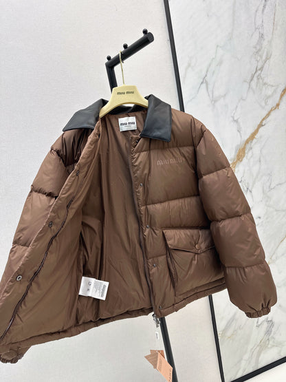 Mi 25 New spliced leather collar short down jacket(BLACK/BROWN)
