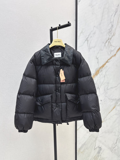 Mi 25 New spliced leather collar short down jacket(BLACK/BROWN)