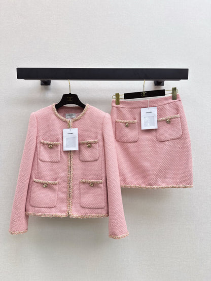 C 25 Pink woolen woven jacket+half skirt set
