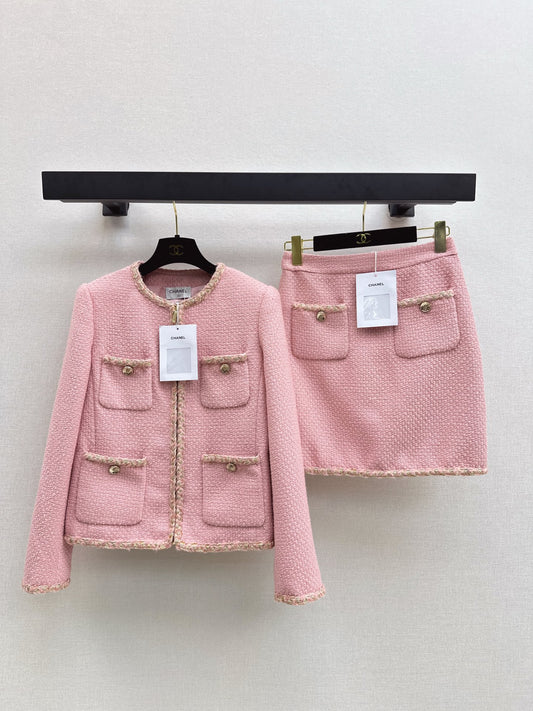 C 25 Pink woolen woven jacket+half skirt set