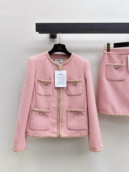 C 25 Pink woolen woven jacket+half skirt set