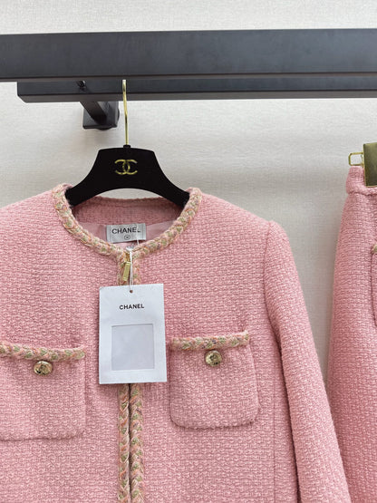 C 25 Pink woolen woven jacket+half skirt set
