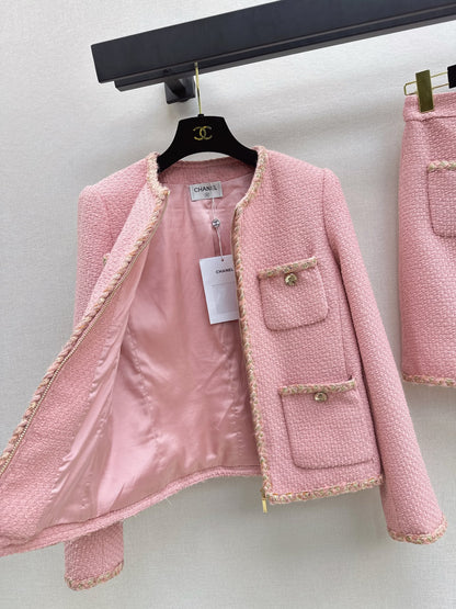 C 25 Pink woolen woven jacket+half skirt set