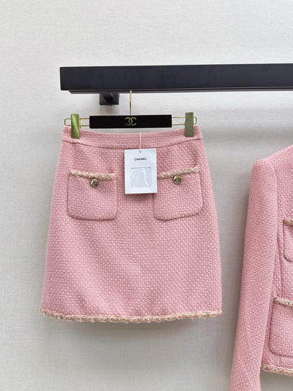C 25 Pink woolen woven jacket+half skirt set