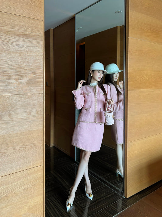 C 25 Pink woolen woven jacket+half skirt set