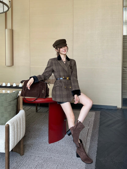 Ce 25 New spliced velvet retro plaid suit jacket
