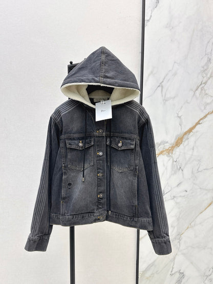Di 25 Plush hooded denim jacket with lining(BLUE/GRAY)