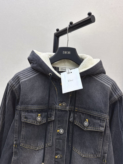 Di 25 Plush hooded denim jacket with lining(BLUE/GRAY)
