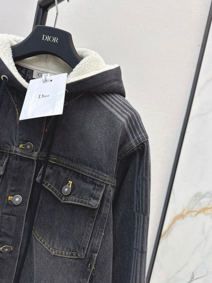 Di 25 Plush hooded denim jacket with lining(BLUE/GRAY)
