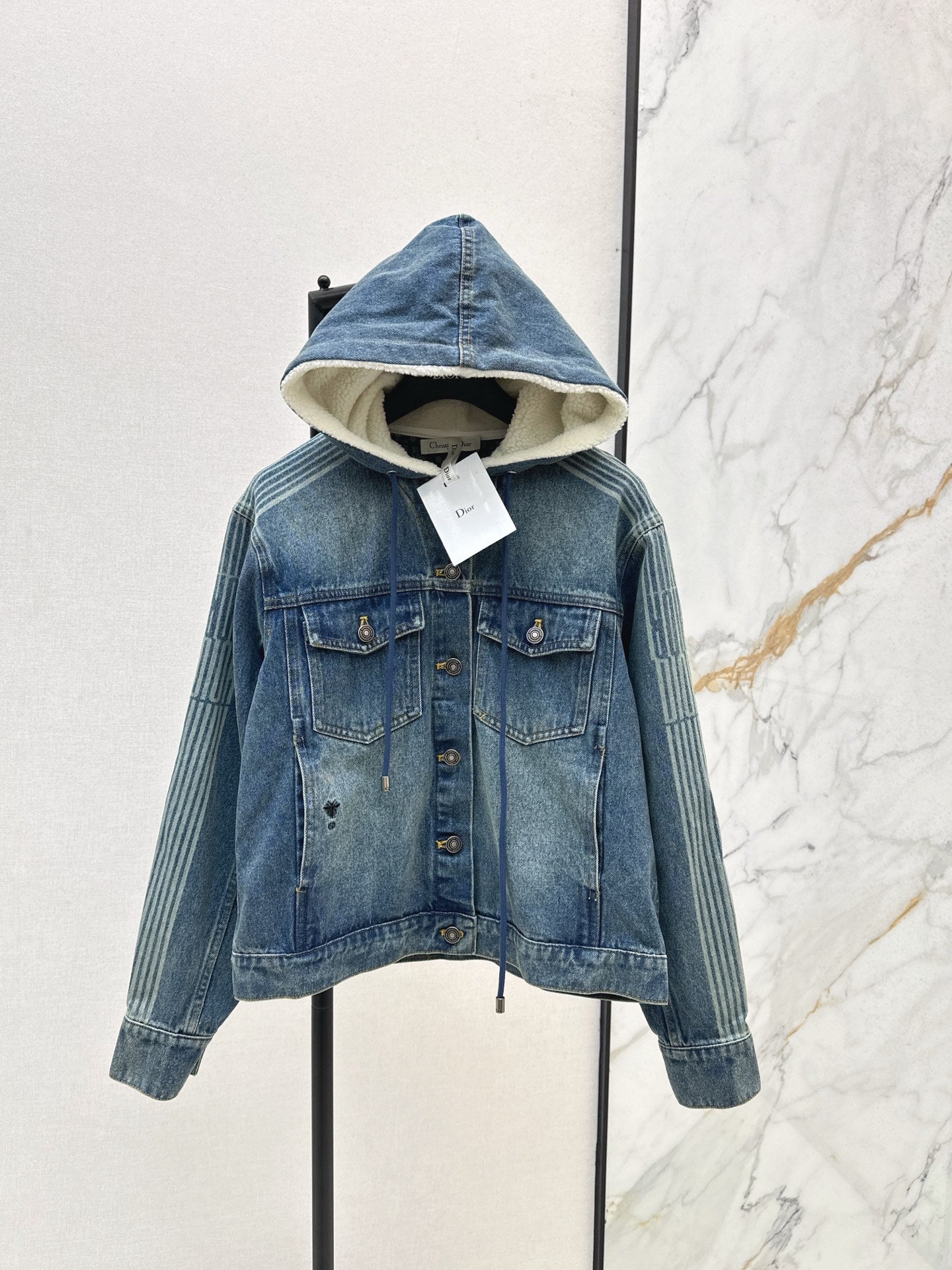 Di 25 Plush hooded denim jacket with lining(BLUE/GRAY)