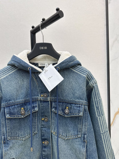 Di 25 Plush hooded denim jacket with lining(BLUE/GRAY)