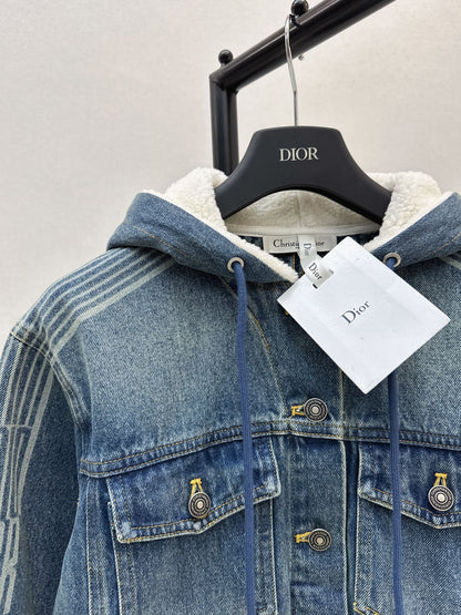 Di 25 Plush hooded denim jacket with lining(BLUE/GRAY)