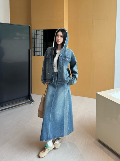 Di 25 Plush hooded denim jacket with lining(BLUE/GRAY)